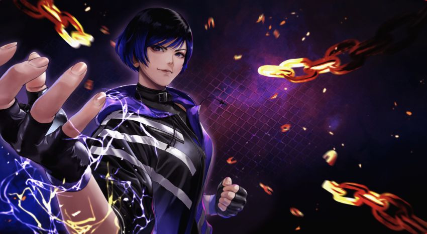 1girl belt_collar black_gloves black_hair chain collar colored_tips electricity fingerless_gloves gauss_&lt;bokashi gloves highres hood hooded_jacket jacket looking_at_viewer multicolored_hair multicolored_jacket purple_eyes purple_hair purple_jacket purple_lightning reina_(tekken) short_hair smile tekken tekken_8 two-tone_hair two-tone_jacket