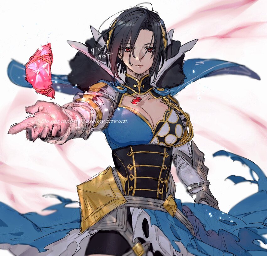 1girl 91007 black_hair breasts cleavage closed_mouth dragonstone expressionless fire_emblem fire_emblem_engage highres large_breasts long_sleeves looking_at_viewer nel_(fire_emblem) nintendo outstretched_arm red_eyes short_hair solo twitter_username white_background