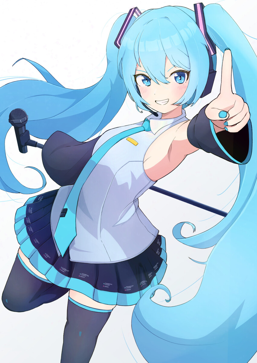 1girl absurdres aqua_eyes aqua_hair aqua_nails aqua_necktie armpits black_skirt black_thighhighs blush breasts detached_sleeves hair_between_eyes hair_ornament hatsune_miku highres holding holding_microphone_stand index_finger_raised long_hair long_sleeves looking_at_viewer medium_breasts microphone microphone_stand miku_day necktie nikochiku parted_lips simple_background skirt smile solo thighhighs twintails very_long_hair vocaloid white_background wide_sleeves zettai_ryouiki
