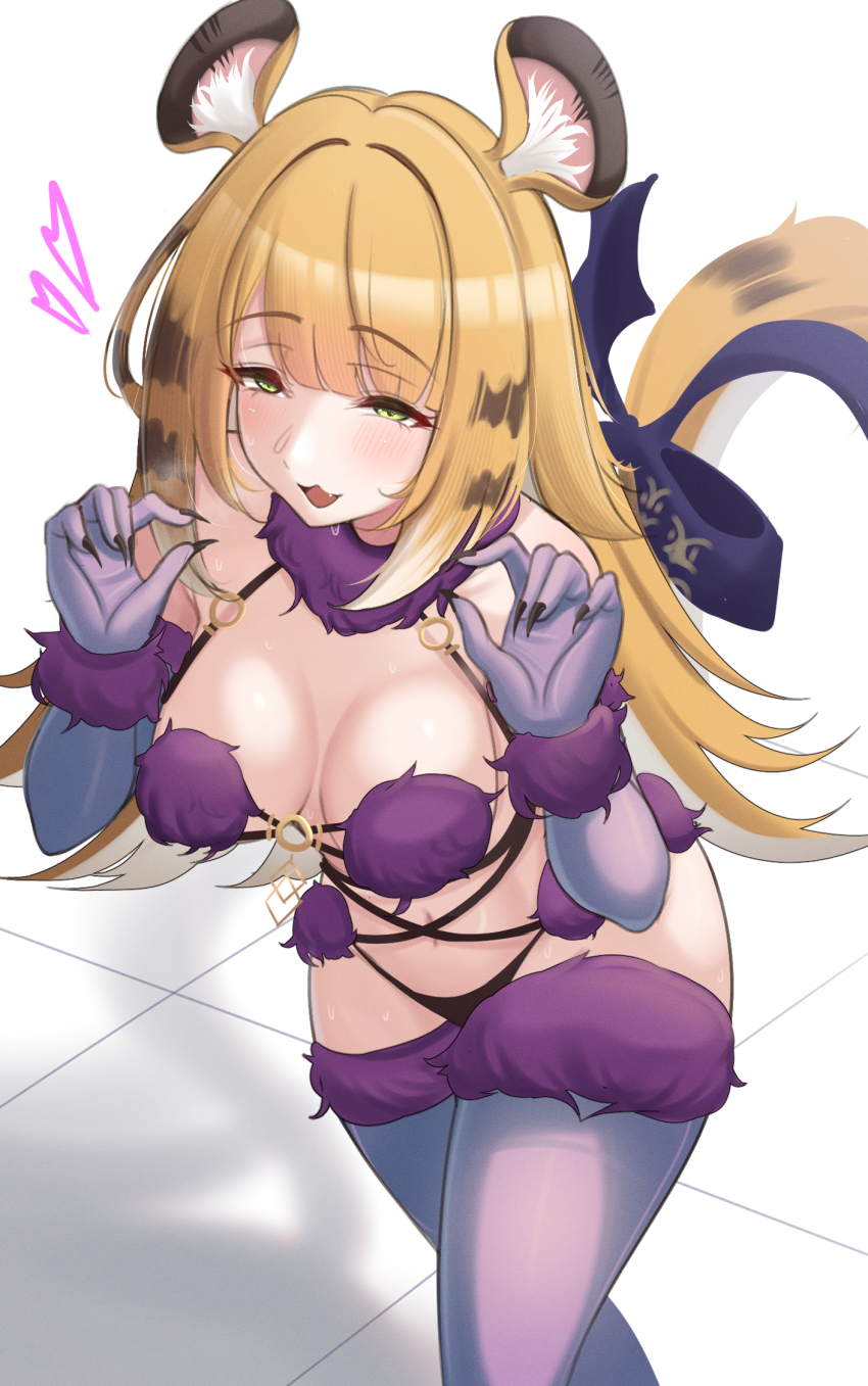 1girl aged_up alternate_breast_size animal_ears bare_shoulders blonde_hair blush breasts cleavage cosplay elbow_gloves fate/grand_order fate_(series) fur-trimmed_gloves fur-trimmed_legwear fur-trimmed_thighhighs fur_collar fur_trim gloves green_eyes highres ju_fufu large_breasts laxiusart long_hair looking_at_viewer mash_kyrielight mash_kyrielight_(dangerous_beast) mash_kyrielight_(dangerous_beast)_(cosplay) navel o-ring open_mouth purple_gloves purple_thighhighs revealing_clothes smile solo striped_hair tail thighhighs thighs tiger_ears tiger_girl tiger_tail zenless_zone_zero