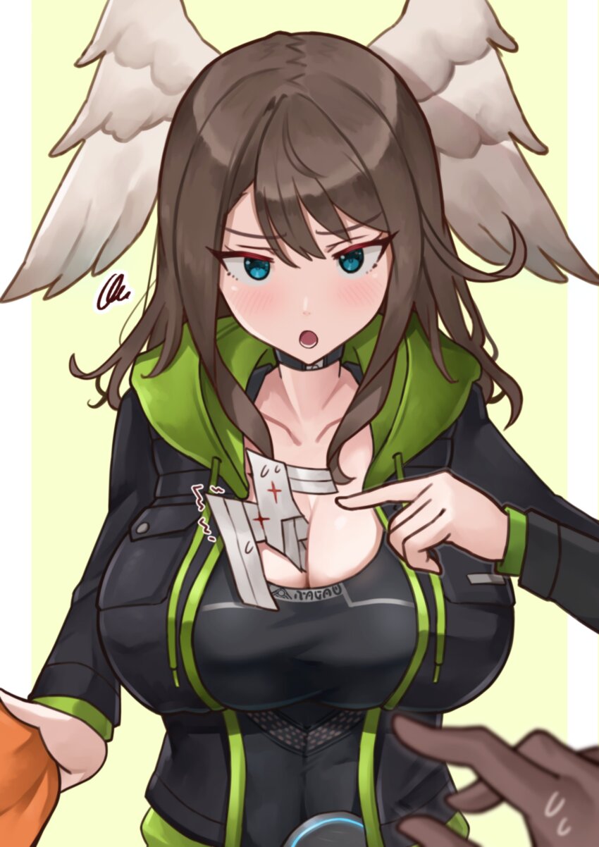 1girl absurdres between_breasts black_jacket black_shirt blue_eyes blush breasts brown_hair brown_wings cleavage commentary_request eunie_(xenoblade) feathered_wings head_wings highres jacket large_breasts pov shirt simple_background solo_focus upper_body wings xenoblade_chronicles_(series) xenoblade_chronicles_3 yotsuha_uni
