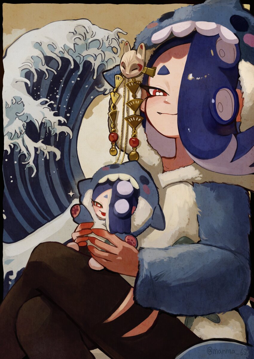 1girl :3 absurdres alternate_costume animal_costume animal_hood black_border black_pants blue_hair border bright_pupils cephalopod_eyes character_doll closed_mouth commentary_request cosplay crossed_legs doll fangs fine_art_parody hair_over_one_eye highres holding holding_stuffed_toy hood hood_up kanagawa_okinami_ura kigurumi long_hair manma_628 nintendo octoling one_eye_covered pants parody red_eyes shark_costume shark_hood shiver_(splatoon) sitting solo sparkle splatoon_(series) splatoon_3 stuffed_toy suction_cups tentacle_hair torn_clothes torn_pants twitter_username watermark waves white_pupils