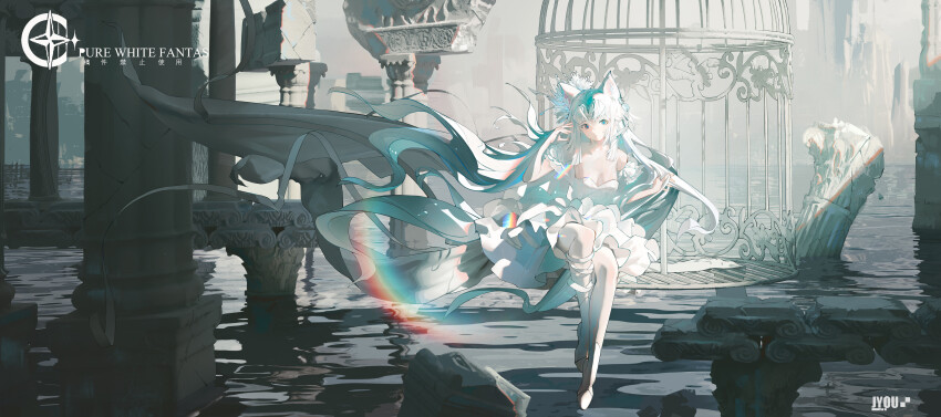 1girl absurdres animal_ear_fluff animal_ears arm_strap artist_name bare_shoulders birdcage blue_eyes breasts broken_pillar cage cat_ears chinese_text cleavage closed_mouth commentary dress english_text floating_hair fog hair_ornament hand_in_own_hair hands_up hanging_legs highres jiang_you long_hair looking_at_viewer medium_dress original oversized_object pantyhose rainbow ruins sitting sleeveless sleeveless_dress small_breasts solo stone_pillar strapless strapless_dress very_long_hair water white_dress white_pantyhose