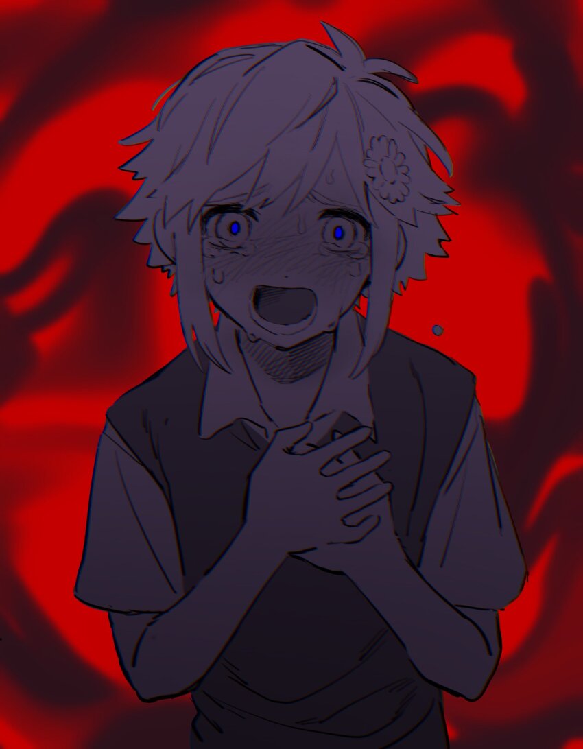 1boy antenna_hair bare_arms basil_(faraway)_(omori) basil_(omori) blue_pupils chromatic_aberration collared_shirt commentary crying crying_with_eyes_open english_commentary flipped_hair flower greyscale greyscale_with_colored_background hair_between_eyes hair_flower hair_ornament hands_on_own_chest hands_up hatching_(texture) highres looking_at_viewer lower_teeth_only male_focus monochrome omori open_mouth own_hands_together raised_inner_eyebrows red_background shirt short_hair short_sleeves sidelocks simple_background solo straight-on tabeyu tears teeth tongue upper_body
