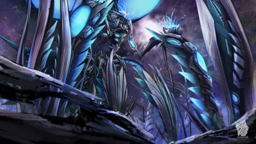 absurdres alien faceless fate/grand_order fate_(series) full_body giant giant_monster glowing halo highres horns huge_horns knee_spikes monster namami_(namami0115) no_humans ort_(type-moon) solo