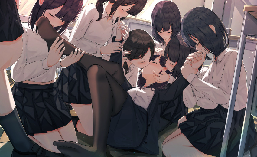 6+girls absurdres benevole black_hair black_jacket black_skirt black_socks blush brown_pantyhose classroom closed_eyes commentary_request desk ear_licking earrings female_focus finger_sucking harem highres indoors jacket jewelry kiss licking licking_finger licking_foot multiple_girls no_shoes original pantyhose school_desk school_uniform skirt socks stud_earrings surrounded yuri