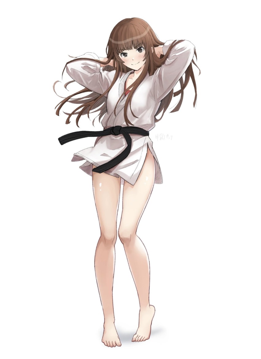 1girl amagami arms_up artist_name barefoot belt black_eyes blunt_bangs blush breasts brown_eyes brown_hair closed_mouth collarbone dougi full_body gyuunyuu_pack_(tanaka) hands_in_hair highres kamizaki_risa long_hair long_sleeves looking_at_viewer martial_arts_belt obi pigeon-toed red_shirt sash shirt simple_background small_breasts smile solo standing thighs tiptoes white_background white_shirt