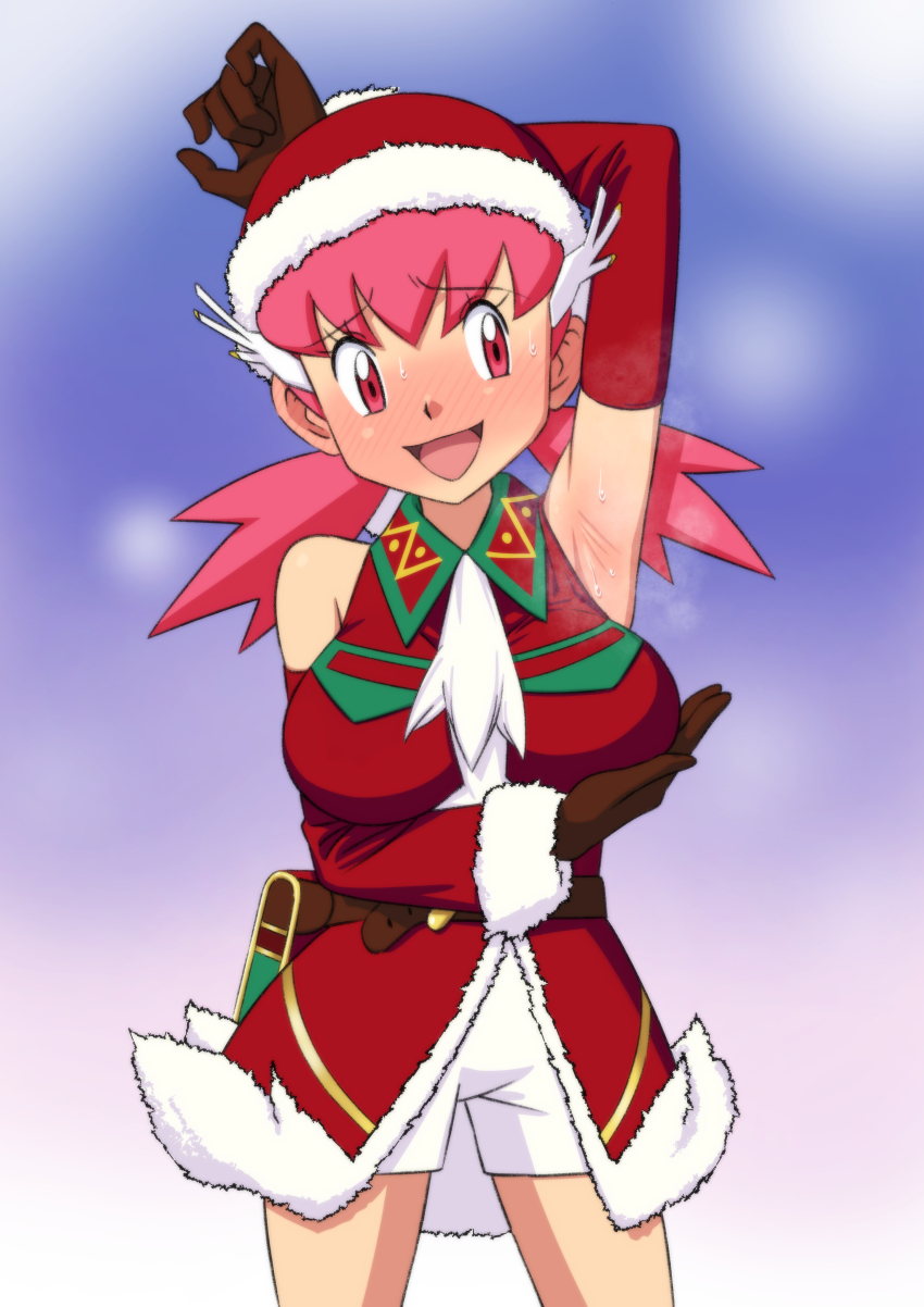 1girl absurdres arm_up armpits ascot bare_shoulders blush breasts brown_gloves commentary_request cowboy_shot detached_sleeves eyelashes gloves hat highres jacket large_breasts long_hair miraa_(chikurin) nervous_smile nintendo official_alternate_costume pink_eyes pink_hair pokemon pokemon_masters_ex presenting_armpit red_hat red_jacket santa_hat shorts sleeveless sleeveless_jacket smile solo steam sweat twintails white_ascot white_shorts whitney_(holiday_2022)_(pokemon) whitney_(pokemon)