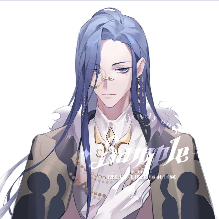 1boy ascot bebai black_cape blue_eyes blue_hair brooch cape chinese_commentary clarence_clayden clarence_clayden_(godheim) closed_mouth collared_shirt curtained_hair expressionless eyes_visible_through_hair fur-trimmed_cape fur_trim gloves grey_vest hand_on_own_chest hand_up highres jewelry long_hair looking_at_viewer lovebrush_chronicles male_focus mole mole_under_eye monocle parted_bangs sample_watermark sanpaku shirt simple_background solo upper_body vest watermark white_ascot white_background white_gloves white_shirt