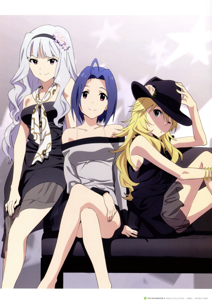 3girls absurdres ahoge blonde_hair blue_hair bracelet dress green_eyes grey_hair hairband hat highres hoshii_miki idolmaster idolmaster_(classic) jewelry crossed_legs looking_at_viewer masuyama_ryouji miura_azusa multiple_girls official_art one_eye_closed purple_eyes red_eyes shijou_takane short_hair sitting skirt smile wink