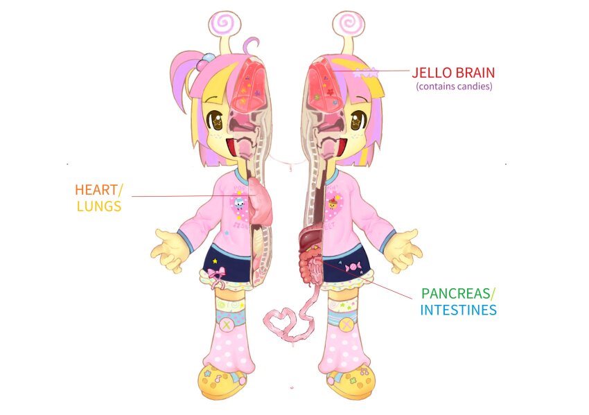 +_+ 1girl antennae avvunka blunt_bangs brown_eyes candy_gore colored_skin commentary commission crocs cross-section english_commentary food gelatin guro heart heart_(organ) highres intestines lungs multicolored_hair organs original pale_skin pancreas pink_hair shirt shoes side_ponytail skirt smile spine streaked_hair yellow_skin