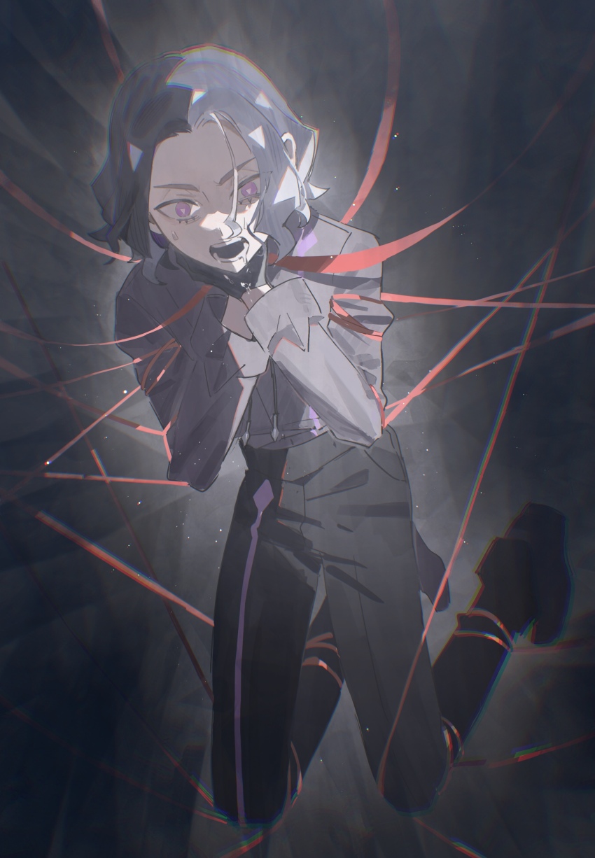 1boy absurdres amethio_(pokemon) black_gloves bright_pupils chromatic_aberration commentary_request full_body gloves grey_shirt hands_up hazel_maier highres long_sleeves loose_hair_strand male_focus multicolored_hair nintendo open_mouth pants pokemon pokemon_(anime) pokemon_horizons purple_eyes red_ribbon ribbon shirt shoes solo sweatdrop symbol-shaped_pupils teeth two-tone_hair