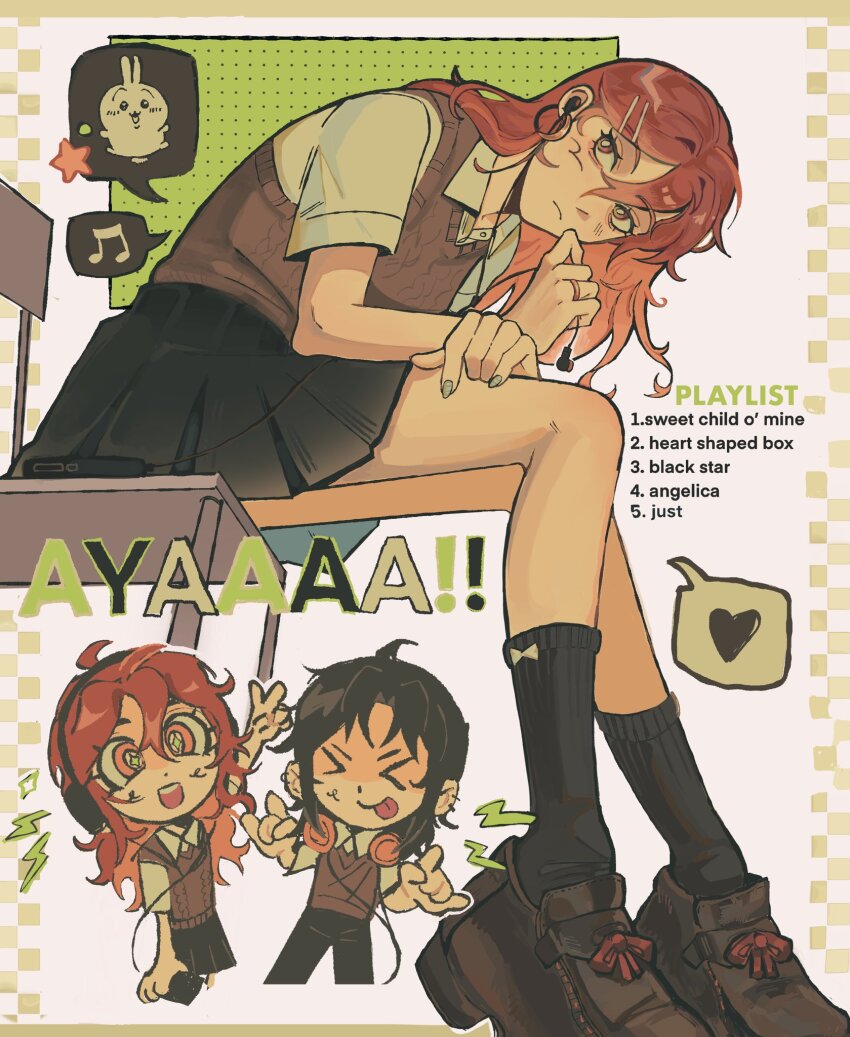 &gt;_&lt; 2girls :d :p \n/ black_hair black_skirt black_socks brown_eyes brown_hair brown_shoes brown_sweater_vest chair character_name chibi closed_mouth collared_shirt commentary earphones english_commentary flshfish green_nails hair_ornament hairpin headphones headphones_around_neck highres image_in_speech_bubble jewelry kininatteru_hito_ga_otoko_ja_nakatta koga_mitsuki loafers long_hair multiple_girls multiple_views musical_note oosawa_aya open_mouth orange_hair pleated_skirt rabbit ring school_uniform shirt shoes single_earphone_removed sitting skirt smile socks spoken_musical_note sweater_vest tongue tongue_out v white_shirt