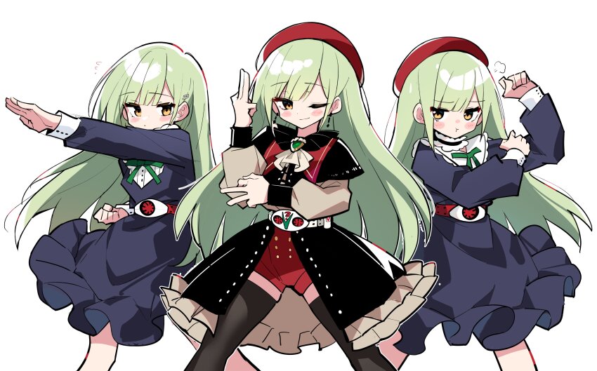 3girls absurdres ascot bang_dream! bang_dream!_it&#039;s_mygo!!!!! belt beret black_capelet black_choker black_pantyhose blue_dress blush capelet chinese_commentary choker closed_mouth commentary_request dress frilled_choker frills green_brooch green_hair hair_ornament hairclip hat henshin_pose highres kamen_rider kamen_rider_(1st_series) kamen_rider_v3_(series) long_hair long_sleeves mortis_(bang_dream!) mortis_(costume)_(bang_dream!) mortis_(persona)_(bang_dream!) multiple_girls multiple_persona pantyhose pantyhose_under_shorts parody pouch puff_of_air red_belt red_hat red_shorts rider_belt shirt shorts simple_background typhoon_(kamen_rider) wakaba_mutsumi white_ascot white_background white_shirt yellow_eyes zhanzhangzlw