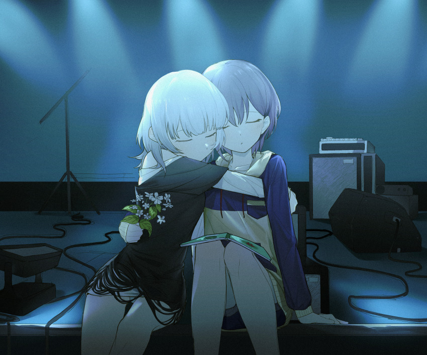 2girls absurdres amplifier anli_(jwcpp4sum0mgk5r) bang_dream! bang_dream!_it&#039;s_mygo!!!!! black_shirt blue_hoodie blue_shorts blush closed_eyes closed_mouth commentary english_commentary flower grey_hair highres holding holding_flower hood hood_down hoodie hug kaname_raana layered_sleeves long_sleeves microphone_stand multiple_girls notebook shirt short_hair short_over_long_sleeves short_sleeves shorts takamatsu_tomori translation_request white_hair white_shirt yuri