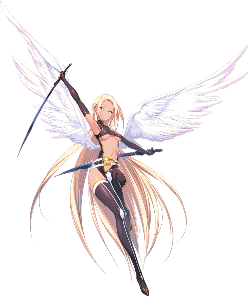 1girl angel angel_wings black_gloves boots breasts brown_eyes choukou_(alicesoft) choukou_taisen_escalation_heroines clothing_cutout dark-skinned_female dark_skin dual_wielding full_body gloves hadal_(escalation_heroines) highres holding holding_sword holding_weapon kawagishi_keitarou long_hair looking_to_the_side medium_breasts navel official_art sword thigh_boots weapon wings