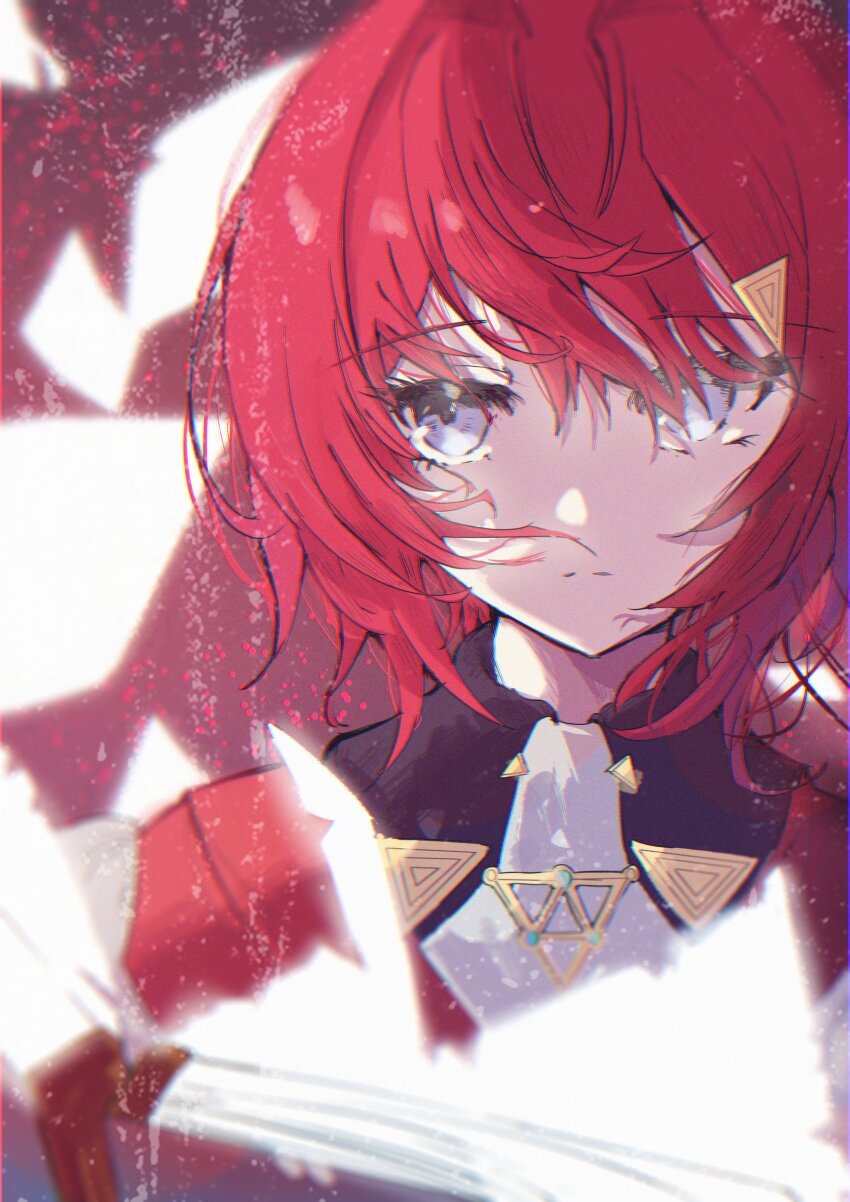 1girl absurdres ange_katrina ange_katrina_(1st_costume) book closed_mouth commentary eyelashes glowing_book grey_eyes hair_ornament hair_over_one_eye highres kisaragimion light_frown looking_to_the_side nijisanji open_book pages purple_background red_hair short_hair solo split_mouth straight-on triangle_hair_ornament upper_body virtual_youtuber