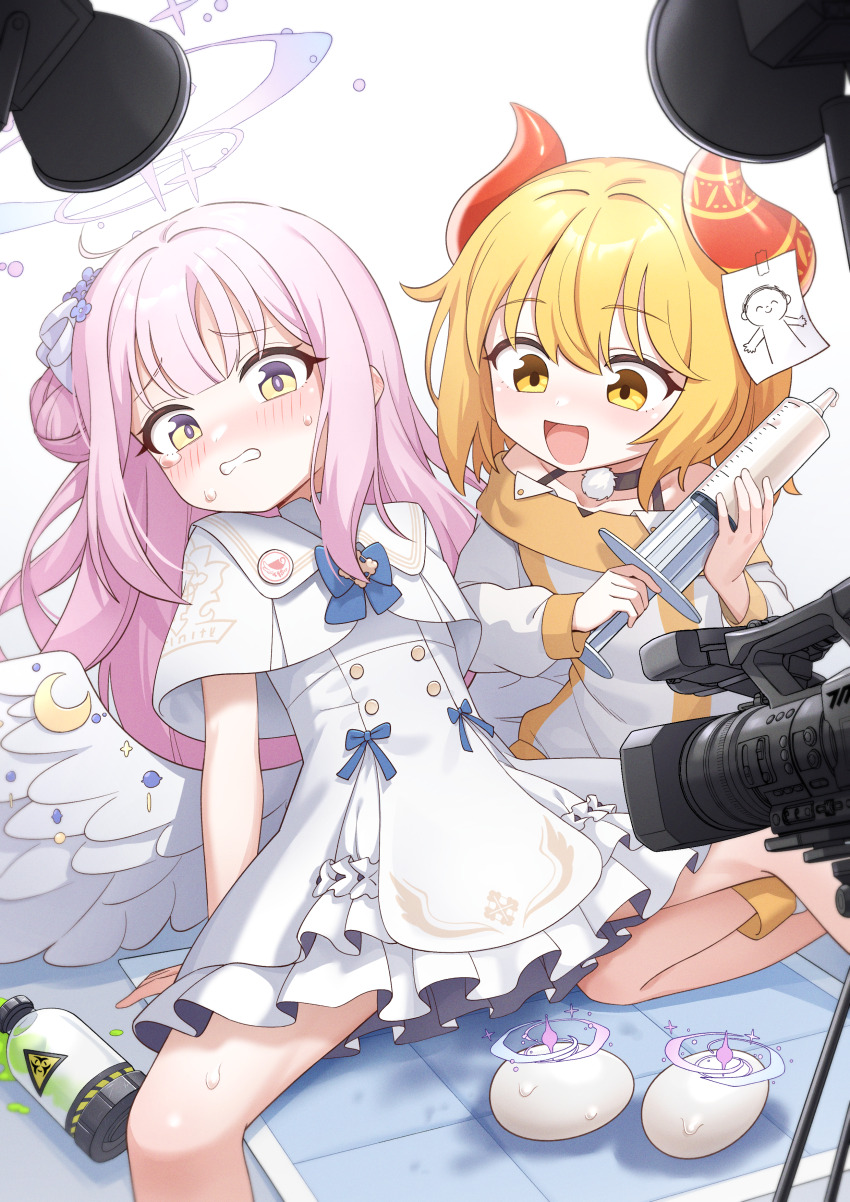 2girls absurdres blonde_hair blue_archive blush camera commentary_request commission doodle_sensei_(blue_archive) dress embarrassed feathered_wings female_sensei_(blue_archive) golmonggu halo highres holding holding_syringe horns korean_commentary long_hair long_sleeves looking_at_another low_wings medium_hair mika_(blue_archive) multiple_girls off_shoulder open_mouth pink_hair purple_halo radioactive sensei_(blue_archive) short_sleeves simple_background smile sweat syringe textless_version white_background white_dress white_wings wings yellow_eyes