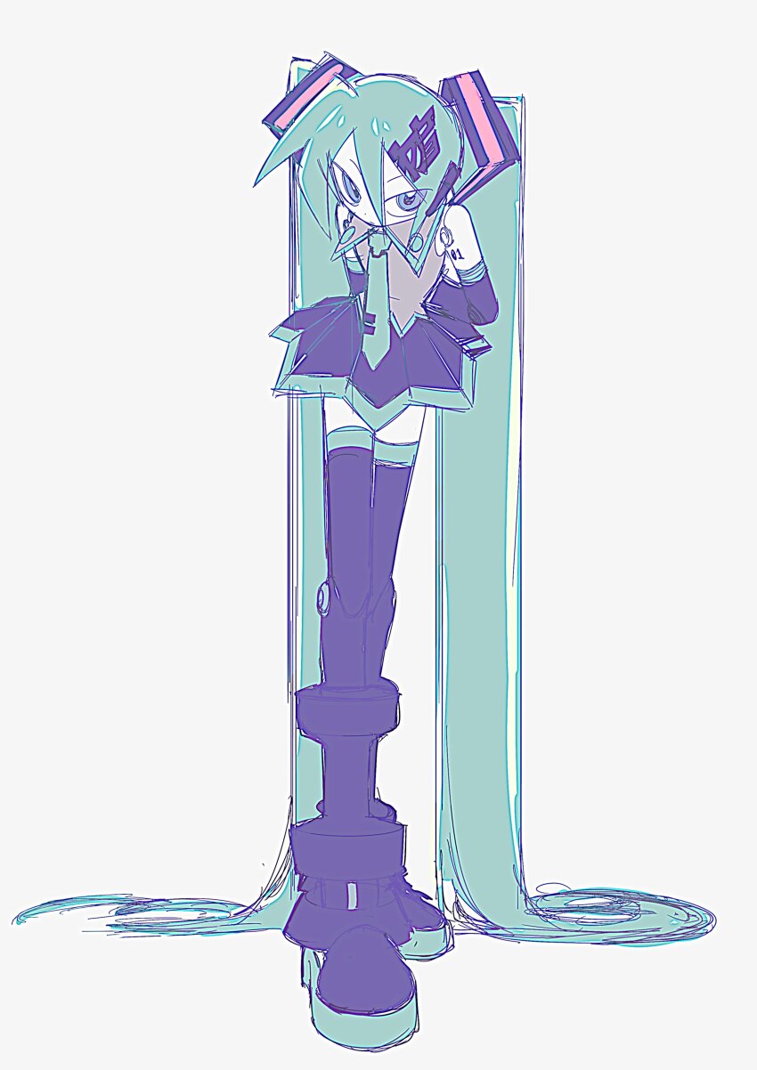 1girl absurdly_long_hair absurdres android aqua_hair aqua_necktie arms_behind_back black_boots black_skirt blue_eyes boots closed_mouth collared_shirt detached_sleeves full_body grey_shirt hair_between_eyes hair_ornament hatsune_miku highres joints kanji_hair_ornament leaning_forward long_hair long_legs looking_at_viewer necktie number_tattoo picdo robot_joints shirt simple_background sketch skirt sleeveless sleeveless_shirt solo standing tattoo thigh_boots tsurime upturned_eyes very_long_hair vocaloid white_background