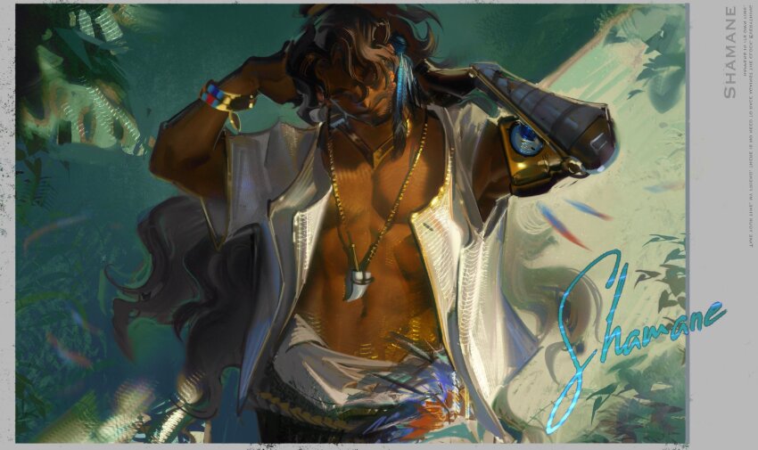 1boy abs arms_up beard_stubble black_hair character_name closed_eyes curly_hair dark-skinned_male dark_skin english_text facial_hair green_background hands_up head_down highres jewelry leaf long_hair male_focus mature_male mechanical_arms muscular muscular_male navel necklace official_alternate_costume open_clothes open_shirt pectorals ponytail prosthesis prosthetic_arm reverse:1999 shade shamane shirt short_sleeves signature single_mechanical_arm solo stubble tooth_necklace upper_body very_long_hair white_shirt yodenn_4