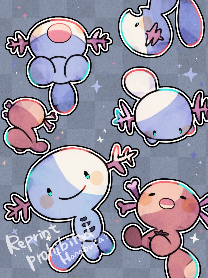 animal_focus artist_name checkered_background closed_eyes commentary_request gen_2_pokemon grey_background hanabusaoekaki highres nintendo no_humans open_mouth paldean_wooper pokemon pokemon_(creature) simple_background sleeping smile solid_oval_eyes sparkle upside-down wooper