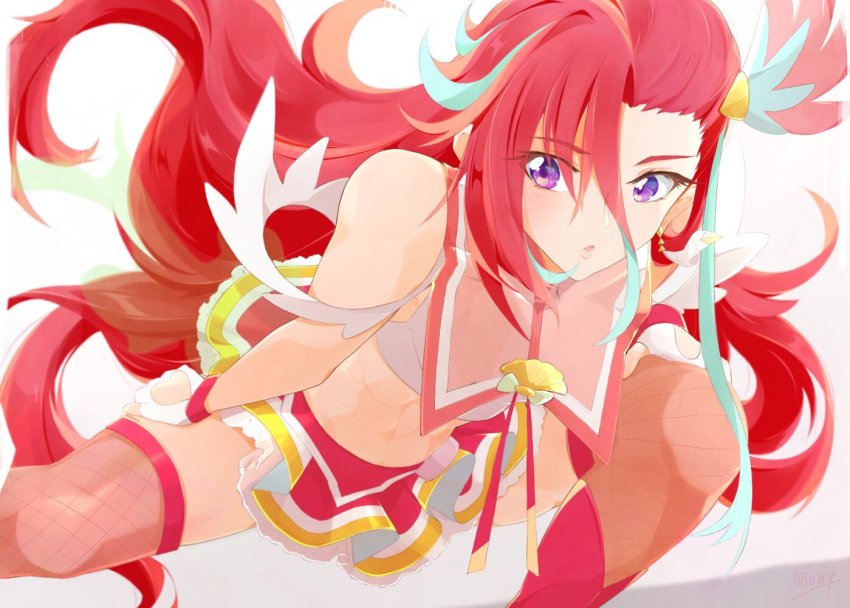 1girl abs aqua_hair ashita_wa_hitsuji bare_shoulders clothing_cutout commentary crop_top cure_flamingo earrings feather_earrings feathers fingerless_gloves fishnet_legwear fishnets gloves grey_background heart_cutout jewelry long_hair magical_girl midriff multicolored_hair off_shoulder open_mouth parted_lips precure purple_eyes red_hair red_legwear red_skirt shirt skirt solo squatting takizawa_asuka tropical-rouge!_precure two-tone_hair very_long_hair white_gloves white_shirt