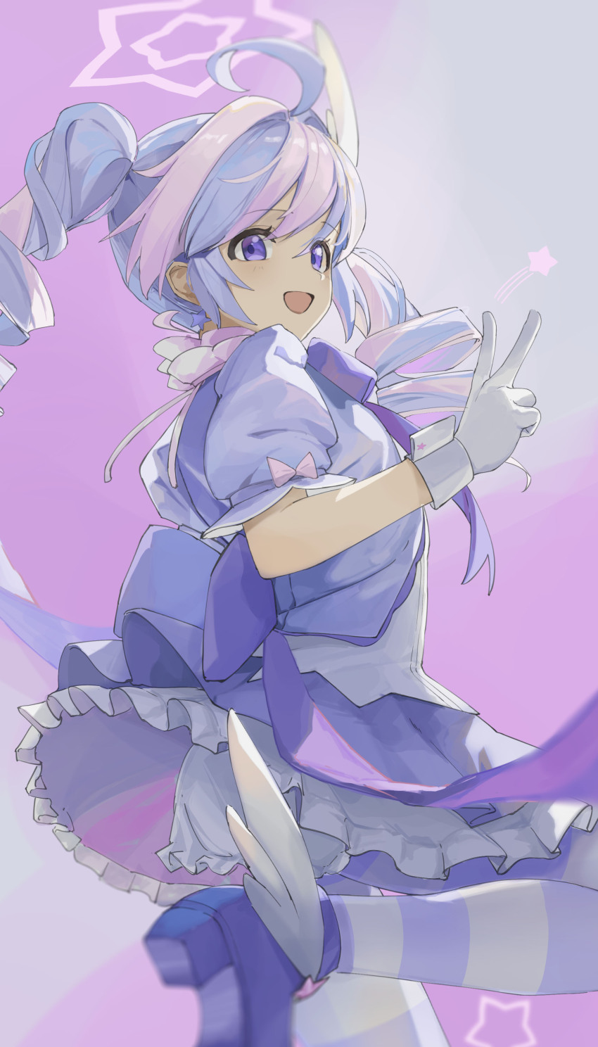 1girl absurdres ahoge blue_archive dress drill_hair gloves halo highres long_hair looking_at_viewer magical_girl multicolored_hair official_alternate_costume official_alternate_hairstyle open_mouth pantyhose pink_hair purple_dress purple_eyes purple_hair reisa_(blue_archive) reisa_(magical)_(blue_archive) sercet shoes smile solo standing standing_on_one_leg striped_clothes striped_pantyhose twin_drills twintails v very_long_hair white_gloves white_wrist_cuffs wrist_cuffs