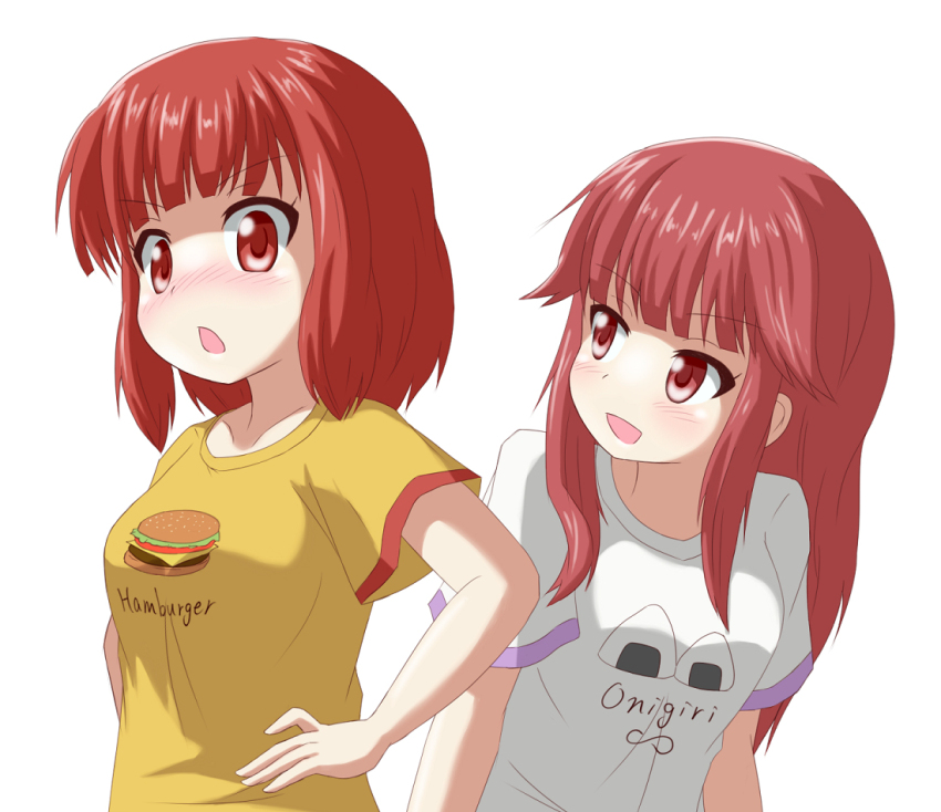 2girls blush breasts burger collarbone dot_nose embarrassed english_text female_focus food hands_on_own_hips koisuru_asteroid long_hair looking_at_viewer medium_breasts multiple_girls nanog_eb1994 onigiri open_mouth red_eyes red_hair sakurai_chikage sakurai_mikage shirt short_hair short_sleeves siblings simple_background sisters standing t-shirt white_background