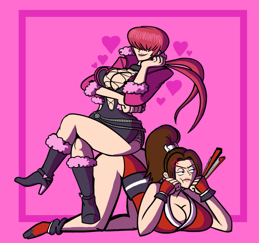 2girls ass ass-to-ass boots breasts brown_eyes brown_hair cleavage cleavage_cutout clothing_cutout curvy dress estevematheo female_focus fingerless_gloves fishnets fluffy girl_on_top gloves hand_fan heart heel_up high_ponytail huge_breasts jacket japanese_clothes kneeling large_breasts leather long_hair mukop multiple_girls pale_skin ponytail red_hair riding shermie_(kof) shiranui_mai shoes sitting sitting_on_person skirt smile smiley_face the_king_of_fighters thick_thighs thighs top-down_bottom-up twintails wide_hips