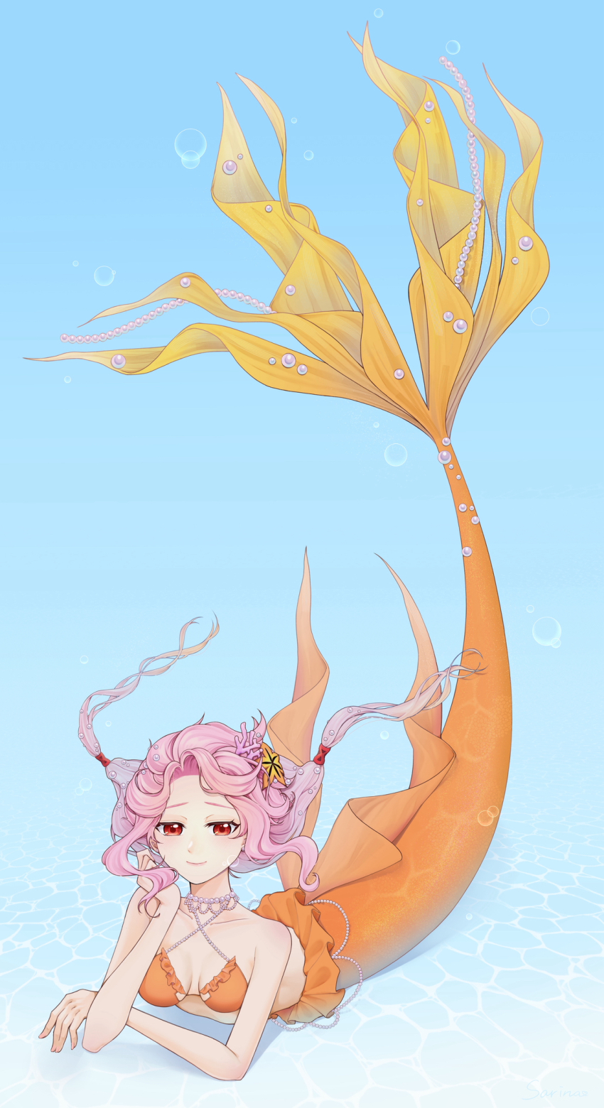 1girl blush breasts cleavage fins guilty_crown hair_ornament hair_tubes hairclip highres kneeless_mermaid long_hair looking_at_viewer medium_breasts mermaid monster_girl monsterification pink_hair red_eyes sarina_(tosiyukiryousuke) smile solo twintails underwater yuzuriha_inori