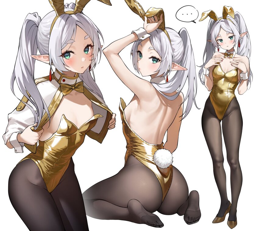 ... 1girl :t animal_ear_hairband animal_ears ass ayoni_623 backless_leotard bare_shoulders black_pantyhose blush breasts capelet closed_mouth commentary cowboy_shot detached_collar earrings elf fake_animal_ears fake_tail feet frieren full_body gold_bowtie gold_leotard gold_shoes green_eyes grey_hair hairband hands_on_own_chest highleg highleg_leotard highres jewelry leotard long_hair long_pointy_ears looking_at_viewer medium_breasts multiple_views no_shoes pantyhose playboy_bunny pointy_ears pout rabbit_ear_hairband rabbit_ears rabbit_tail seiza shoes simple_background sitting soles sousou_no_frieren spoken_ellipsis standing strapless strapless_leotard tail teardrop_earrings thick_eyebrows toes twintails white_background white_capelet white_wrist_cuffs wrist_cuffs