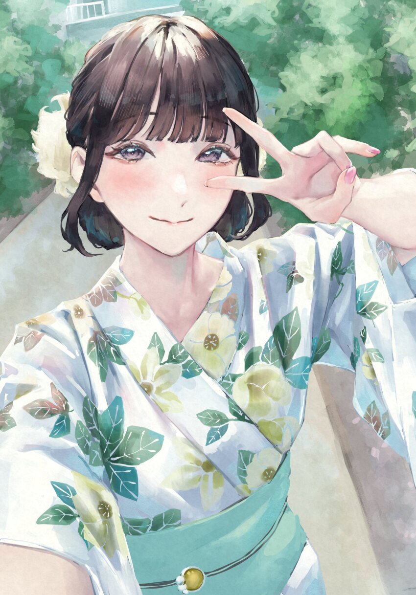 1girl animification aqua_sash blunt_bangs blush closed_mouth commentary floral_print floral_print_kimono green_kimono highres japanese_clothes kan_kanna kimono looking_at_viewer obi obijime print_kimono real_life saidamoosu sash short_hair sidelocks smile solo split_mouth symbol-only_commentary three-quarter_sleeves upper_body v v_over_eye voice_actor