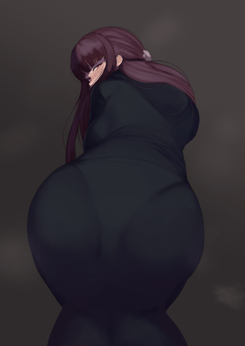 1girl absurdres ass black_dress breasts brown_hair curvy dress fern_(sousou_no_frieren) grey_background highres k-yuuta1133 large_breasts long_hair looking_back plump robe solo sousou_no_frieren steaming_body