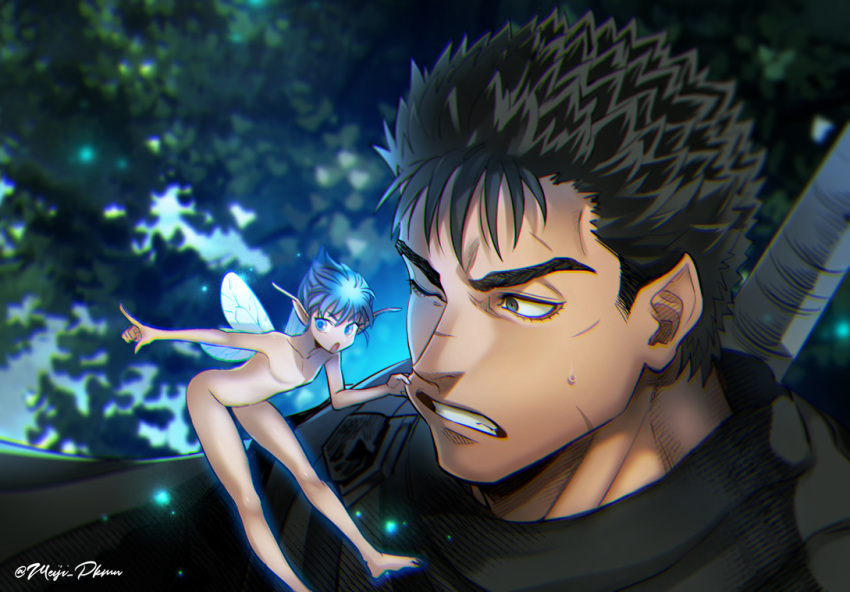 2boys berserk black_hair blue_eyes blue_hair blurry brown_hair collarbone completely_nude fairy_wings guts_(berserk) meiji_ken multiple_boys nude one_eye_closed open_mouth pointing pointy_ears portrait puck_(berserk) pull robe scar short_hair teeth tree twitter_username weapon weapon_on_back wings