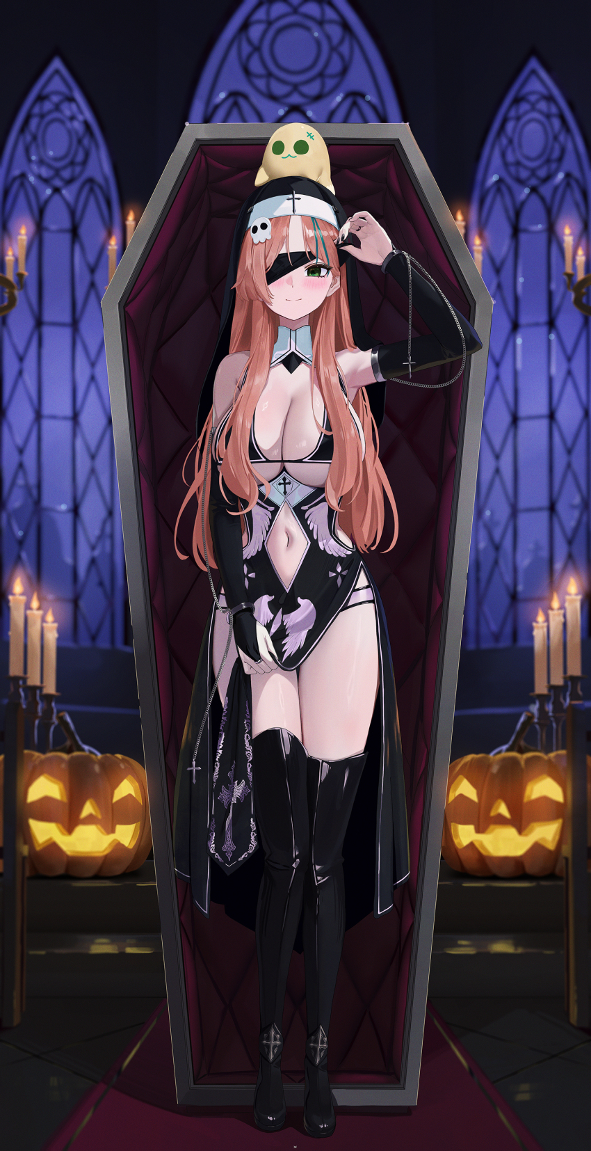 1girl absurdres arm_up bare_shoulders bikini bikini_top_only black_bikini black_bridal_gauntlets black_nails black_veil blue_streaks blush boots breasts bridal_gauntlets candle candlelight candlestand chain character_request cleavage closed_mouth clothing_cutout coffin commentary_request commission cross detached_collar diamond_cutout fieryonion forehead full_body green_eyes hair_ornament halloween halloween_costume highres holding indie_virtual_youtuber jack-o&#039;-lantern jewelry knee_boots korean_commentary large_breasts legs light_smile long_hair looking_at_viewer mixed-language_commentary multicolored_hair navel navel_cutout night nun one_eye_covered orange_hair pumpkin red_carpet ring sidelocks silver_trim skull_hair_ornament solo stairs standing straight-on streaked_hair swimsuit thighs underboob veil very_long_hair virtual_youtuber window