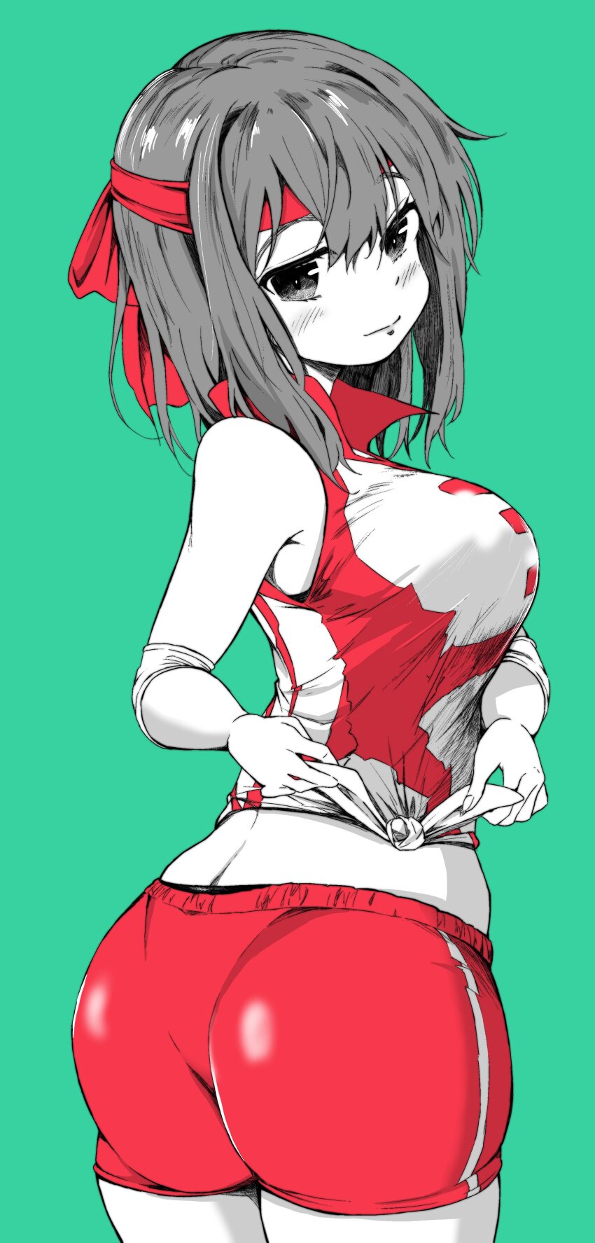 ass back bad_tag breasts cowboy_shot from_behind girls_und_panzer kondou_taeko large_breasts pantylines shiiba_aki short_shorts shorts tagme