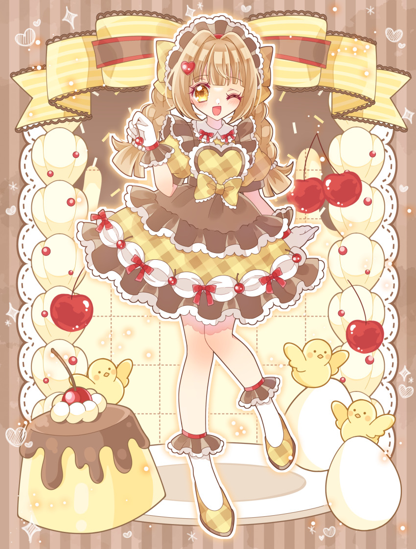 1girl absurdres bird border bow braid brown_dress brown_hair brown_hairband cherry commentary_request dress egg_(food) fashion food food-themed_clothes frilled_dress frilled_gloves frilled_hairband frilled_socks frills fruit full_body gingham gloves hair_ornament hairband heart heart_hair_ornament highres hiyoko_miya holding holding_food icing lace lace_border lace_trim lolita_fashion long_hair looking_at_viewer one_eye_closed open_mouth original ornate_border plate pudding ribbon shoes smile socks solo standing sweet_lolita twin_braids white_socks yellow_dress yellow_eyes yellow_shoes