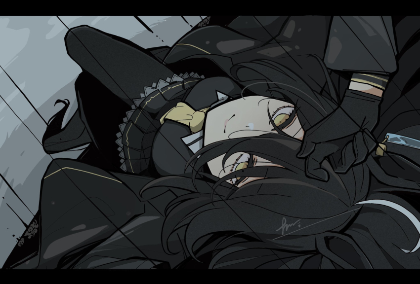 1girl alternate_breast_size animal_ears antenna_hair arms_up black_coat black_gloves black_hair black_pantyhose black_shirt black_skirt breasts coat collared_shirt eyelashes gloves hair_between_eyes highres horse_ears horse_girl kawamochi_(tddm3573) letterboxed long_bangs long_hair long_hair_between_eyes looking_at_viewer manhattan_cafe_(umamusume) medium_breasts multicolored_hair necktie oversized_clothes pantyhose pleated_skirt shirt skirt smile solo umamusume very_long_hair white_hair yellow_eyes yellow_necktie
