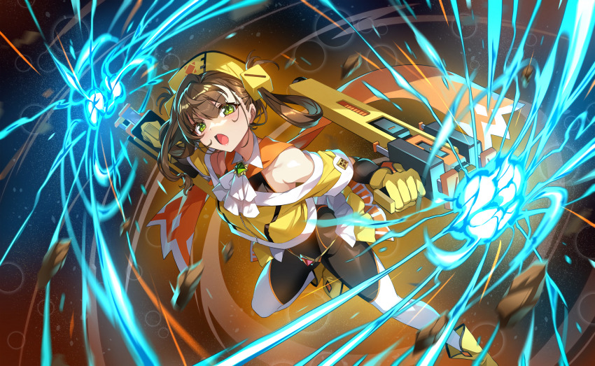 1girl arm_cutout ascot awane_kokoro bare_shoulders beret black_bodysuit black_sleeves bodysuit bodysuit_under_clothes boots brown_hair bubble collared_bodysuit cube_hair_ornament debris detached_sleeves determined dot_nose dual_wielding electricity electrokinesis eyelashes fighting_stance floating_clothes floating_hair foot_out_of_frame frilled_skirt frills game_cg gloves green_brooch green_eyes gun hair_between_eyes hair_ornament hair_rings hat highres holding holding_gun holding_weapon layered_sleeves leg_up light_blush light_particles long_sleeves loose_hair_strand magia_record:_mahou_shoujo_madoka_magica_gaiden magical_girl mahou_shoujo_madoka_magica mahou_shoujo_madoka_magica_magia_exedra miniskirt off-shoulder_shirt off_shoulder official_art open_mouth orange_scarf scarf senri_gan shirt short_over_long_sleeves short_sleeves showgirl_skirt single_hair_intake skirt sleeveless sleeveless_bodysuit solo striped_clothes striped_skirt thighhighs v-shaped_eyebrows vertical-striped_clothes vertical-striped_skirt weapon white_ascot white_thighhighs yellow_background yellow_boots yellow_gloves yellow_hat yellow_shirt yellow_skirt
