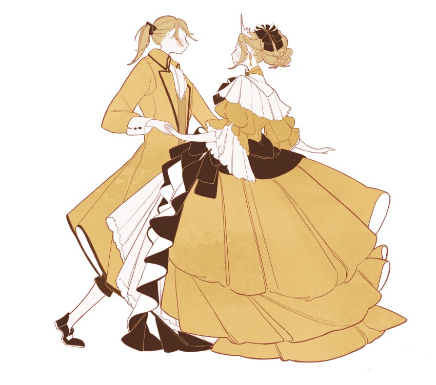 1boy 1girl adapted_costume aku_no_meshitsukai_(vocaloid) aku_no_musume_(vocaloid) allen_avadonia ascot black_bow black_footwear black_pants blonde_hair blush bow brother_and_sister choker closed_eyes closed_mouth coat collared_coat colored_skin curly_hair dancing dress earrings evillious_nendaiki facing_away frilled_dress frills full_body gown hair_bow hair_ornament hairclip highres holding_hands jewelry kagamine_len kagamine_rin lapels limited_palette long_sleeves off-shoulder_dress off_shoulder pants ponytail profile riliane_lucifen_d&#039;autriche shoes short_ponytail siblings simple_background sleeve_cuffs socks standing surie swept_bangs three-quarter_sleeves tiara twins vest vocaloid white_ascot white_background white_skin white_socks yellow_choker yellow_coat yellow_dress yellow_theme yellow_vest