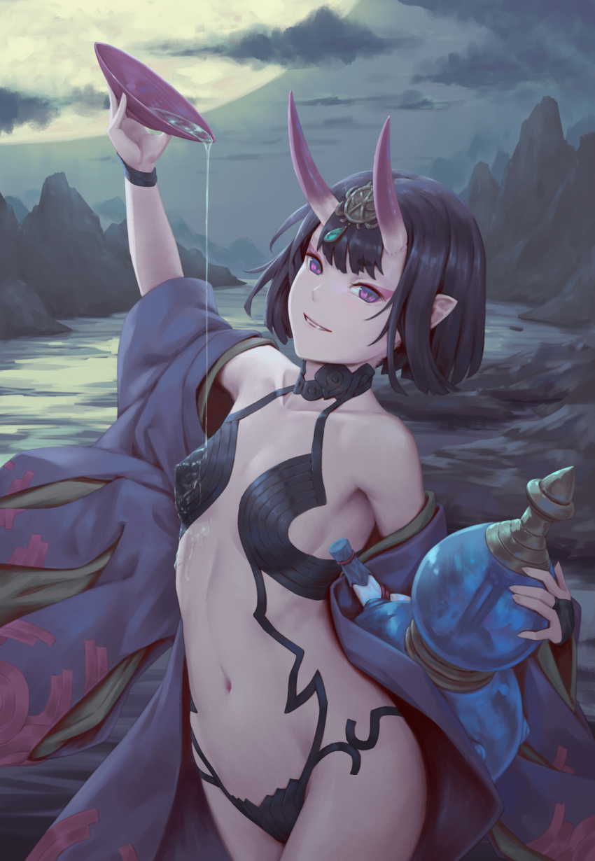 1girl alcohol bare_shoulders bigrbear black_hair bob_cut cloud collarbone covered_erect_nipples cup eyeshadow fate/grand_order fate_(series) female_focus gourd headpiece highres horns japanese_clothes kimono lake looking_at_viewer makeup moon mountain navel night oni open_clothes open_kimono parted_lips pointy_ears pouring pouring_onto_self purple_eyes purple_kimono revealing_clothes sakazuki sake short_eyebrows short_hair shuten_douji_(fate) skin-covered_horns smile solo water