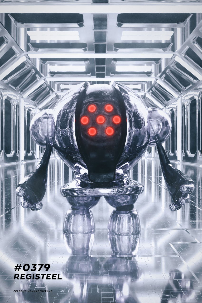 3d artist_name celebi350300687 character_name cinema_4d_(medium) creatures_(company) full_body game_freak gen_3_pokemon hallway highres indoors legendary_pokemon metal_skin nintendo no_humans pokedex_number pokemon pokemon_(creature) pokemon_focus reflective_surface registeel solo standing
