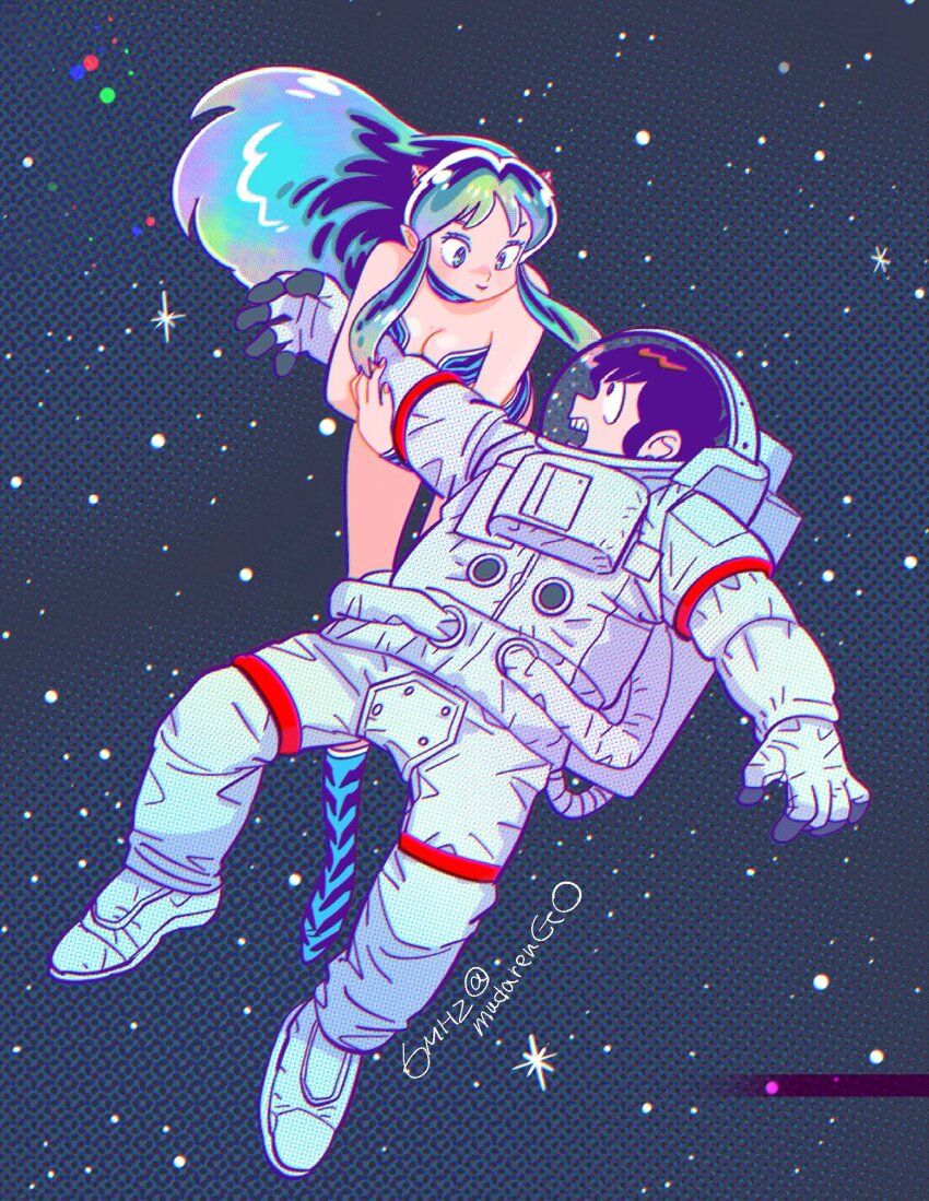 1boy 1girl animal_print aqua_eyeshadow artist_name bare_shoulders bikini black_hair blue_bikini blue_boots boots breasts cleavage eyeshadow floating full_body highres holding_another&#039;s_arm horns long_hair looking_at_another lum makeup medium_breasts moroboshi_ataru muda_rengou_to_ziggy_stardust multicolored_hair oni open_mouth parted_bangs pointy_ears print_bikini short_hair shouting sidelocks smile space spacesuit swimsuit tiger_print urusei_yatsura
