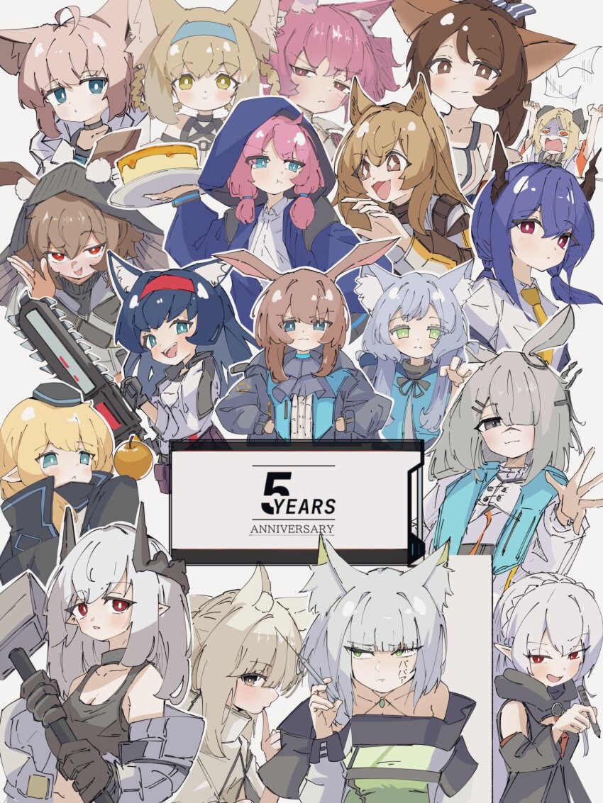 +_+ 6+girls :3 :d :t ahoge amiya_(arknights) animal_ear_fluff animal_ears arknights black_eyes black_gloves black_hair blaze_(arknights) blonde_hair blue_eyes blue_hair blue_hairband blue_jacket blue_poison_(arknights) breasts bright_pupils brown_eyes brown_hair caper_(arknights) cat_ears cat_girl ceobe_(arknights) ch&#039;en_(arknights) cleavage closed_mouth commentary_request demon_girl demon_horns dog_ears dog_girl dragon_girl dragon_horns durin_(arknights) ears_through_headwear fox_ears fox_girl frostnova_(arknights) gloves green_eyes grey_hair hair_over_one_eye hairband highres holding holding_syringe holding_weapon hood hood_up hooded_jacket horns ifrit_(arknights) jacket kal&#039;tsit_(arknights) long_hair long_sleeves medium_breasts mudrock_(arknights) multiple_girls necktie nini_(ninirakugaki) open_mouth perfumer_(arknights) pink_hair platinum_(arknights) pointy_ears ponytail pout purple_eyes purple_hair rabbit_ears rabbit_girl red_eyes red_hairband rosmontis_(arknights) shamare_(arknights) shirt short_hair smile sussurro_(arknights) suzuran_(arknights) syringe warfarin_(arknights) weapon white_pupils white_shirt yellow_eyes yellow_necktie