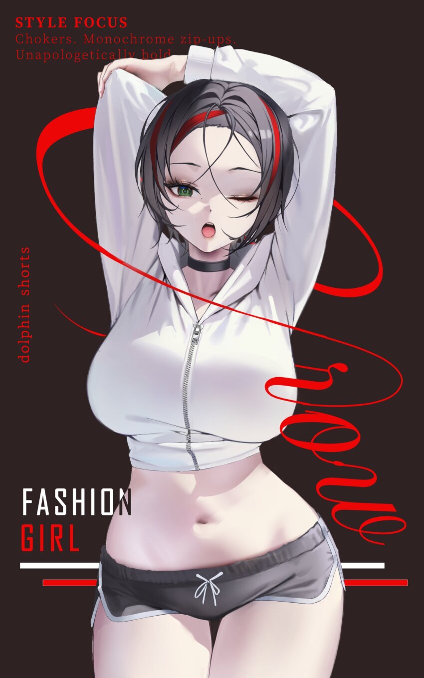 1girl ;o absurdres arms_up black_choker black_hair breasts brown_background choker commentary cover cowboy_shot crow_(nikke) dolphin_shorts english_text fake_magazine_cover goddess_of_victory:_nikke green_eyes highres large_breasts magazine_cover midriff multicolored_hair navel one_eye_closed red_hair short_hair shorts solo streaked_hair thighs two-tone_hair uyuri_(89976220) white_hood
