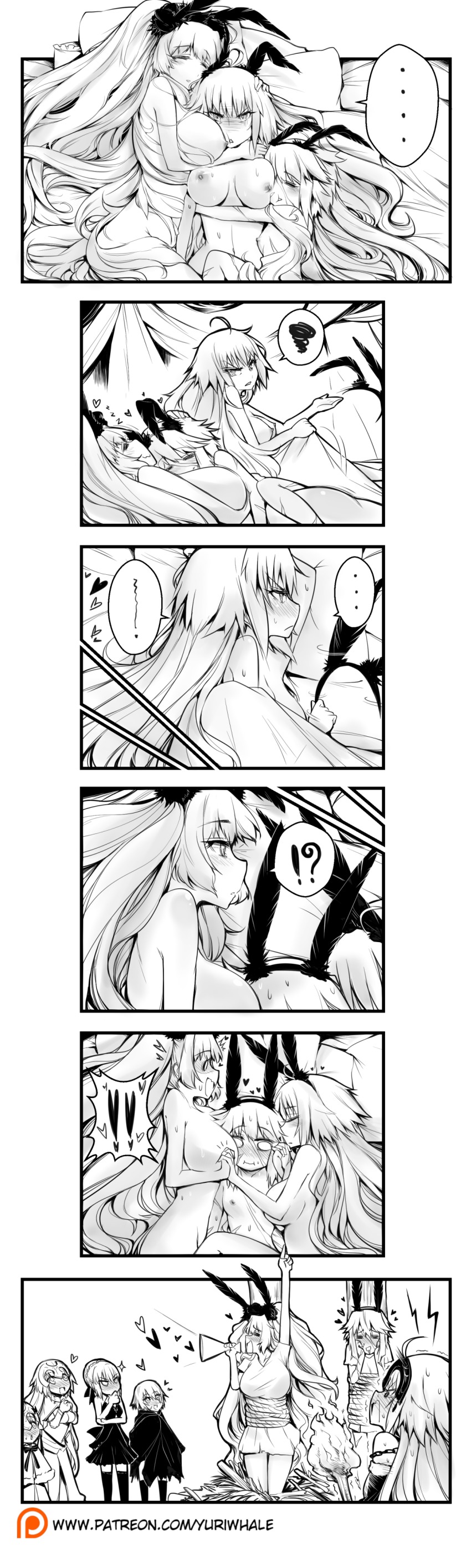 ! !! !? 3girls 4koma 6+girls absurdres ahoge animal_ears anne_bonny_(fate) anne_bonny_(fate/grand_order) anne_bonny_(swimsuit_archer)_(fate) artoria_pendragon_(fate) black_dress blush board_game breasts bunny_girl burning_at_the_stake capelet cleavage closed_eyes comic dress embarrassed facial_scar fake_animal_ears fate/apocrypha fate/grand_order fate_(series) fire fourth_wall fur-trimmed_capelet fur_trim girl_sandwich go_(board_game) greyscale headpiece highres holding_hands jack_the_ripper_(fate/apocrypha) jeanne_d&#039;arc_(fate) jeanne_d&#039;arc_(ruler)_(fate) jeanne_d&#039;arc_alter_(avenger)_(fate) jeanne_d&#039;arc_alter_(fate) jeanne_d&#039;arc_alter_santa_lily_(fate) large_breasts long_braid long_hair looking_at_viewer mary_read_(fate) mary_read_(fate/grand_order) mary_read_(swimsuit_archer)_(fate) megaphone monochrome multiple_girls open_mouth rabbit_ears ribbon saber_alter saber_alter_(final_ascension) sandwiched scar scar_on_cheek scar_on_face short_hair silent_comic smile spoken_interrobang striped_ribbon tied_to_stake tsundere very_long_hair white_capelet yuri yuriwhale