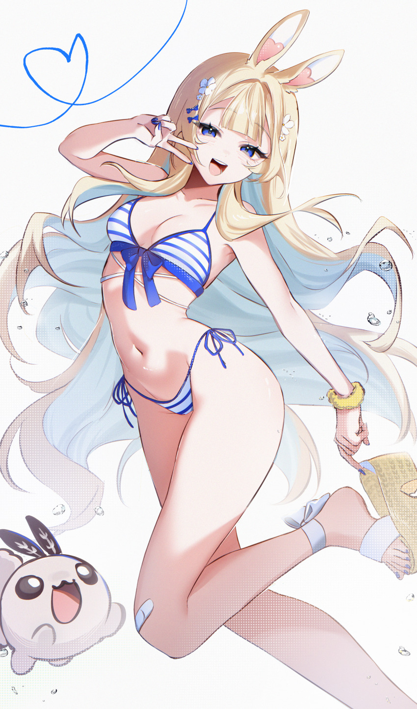 1girl :d absurdres animal_ears bikini blonde_hair blue_eyes blue_nails breasts highres indie_virtual_youtuber long_hair medium_breasts nail_polish navel open_mouth rabbit_ears sandals scrunchie side-tie_bikini_bottom smile solo striped_bikini striped_clothes swimsuit toenail_polish toenails v very_long_hair virtual_youtuber wrist_scrunchie yenko_(vtuber) yoclesh