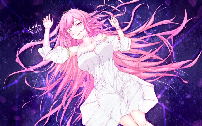 1girl alternate_costume breasts chinese_commentary cleavage commentary_request diamond-shaped_pupils diamond_(shape) dress elf elysia_(herrscher_of_human:_ego)_(honkai_impact) elysia_(honkai_impact) honkai_(series) honkai_impact_3rd large_breasts long_hair lying on_back one_eye_closed pink_hair pointy_ears purple_eyes solo symbol-shaped_pupils very_long_hair white_dress wuwangzuimei