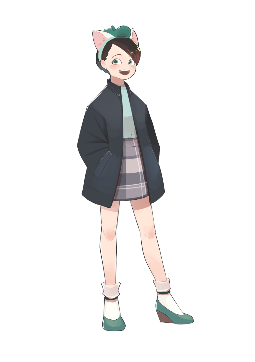 1girl absurdres animal_ears brown_hair duffy_and_friends full_body gamorangetana gelatoni gender-based green_eyes happy hat highres humanization long_sleeves looking_at_viewer shirt shoes smile solo standing tagme