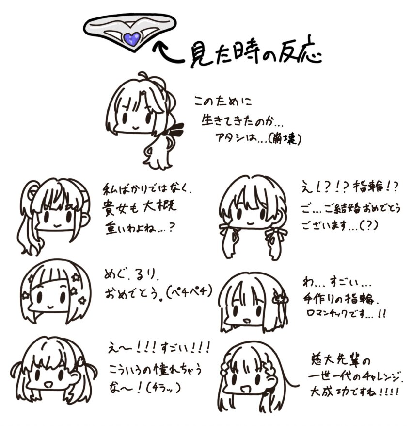 &gt;:) 6+girls anyoji_hime arrow_(symbol) blunt_bangs blunt_ends bob_cut braid center-flap_bangs chibi chibi_only closed_mouth commentary_request diagonal_bangs flower flower_knot greyscale hair_bun hair_flower hair_ornament hair_ribbon highres hinoshita_kaho inverted_bob jewelry kachimachi_kosuzu link!_like!_love_live! llkapital long_hair love_live! low_twintails momose_ginko monochrome multi-tied_hair multiple_girls murano_sayaka ornate_ring otomune_kozue ponytail rabbit_hair_ornament ribbon ring side_braids side_ponytail sidelocks single_side_bun solid_oval_eyes spot_color star_(symbol) star_hair_ornament text_focus translation_request twintails two_side_up unworn_ring v-shaped_eyebrows virtual_youtuber yugiri_tsuzuri